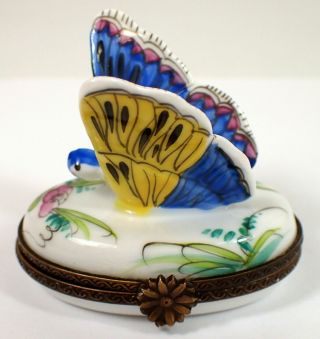 Vtg Peint Main Limoges Porcelain France Hand Painted Blue Butterfly Trinket Box