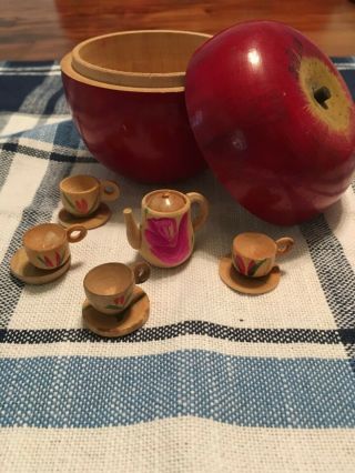 1950’s Vintage Japanese Hand - Painted Wooden Apple With Miniature Tea Set
