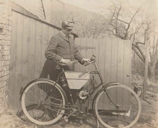 Photograph Of Cyclist Holding Bike In 1905 Size 4 X 3 And A Half Inches.