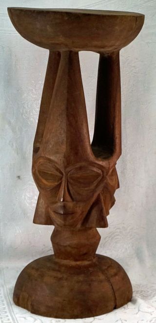 African Carved Wooden Plant / Vase Stand 3 Faces Made From 1 Solid Piece Of Wood