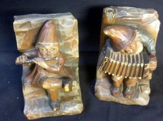 Old Vintage Anri Carved Wood Carvings Pair Set Of 2 Two Bookends Musicians Flute