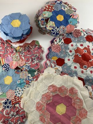 Vintage Hand Pieced Quilt Blocks Grandmother Flower Garden Great Old Fabric