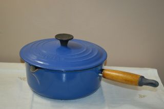Vintage Le Creuset Blue Cast Iron Enamel 20 Saucepan Wood Handle Dutch Oven