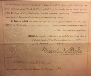 1901 Territory Mexico Public Lands Deed Signed By Governor Miguel Otero