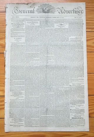 1822 Newspaper James Monroe & Revolutionary War Disabled Vets Easton,  Md Slaves