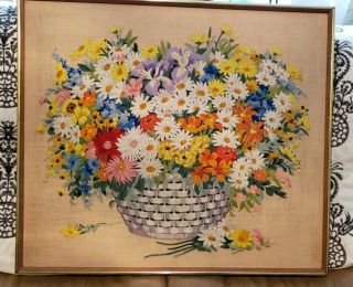 Big Vintage Gold Wood Framed Floral Bouquet Basket Embroidery Finished 31 X 27 ".