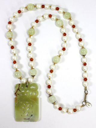 Vintage Signed Hobe Carved Chinese " Jade " Pendant On Beaded Necklace 26 " L C1969