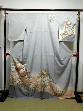 Japanese Kimono " Houmongi " Silk,  Gold/silver Leaf,  Peony,  Plants,  Shading,  65 ".  1151