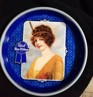 Vintage Pabst Blue Ribbon Beer 13 " Flapper Girl Metal Serving Beer Tray