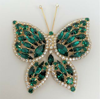 Vintage Large Emerald Green Rhinestone Butterfly Brooch W Diamonté Rhinestone