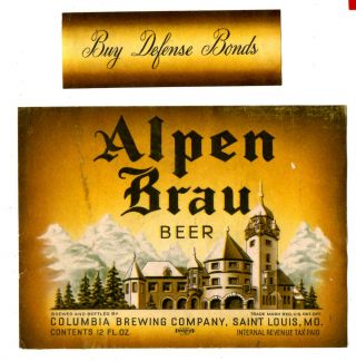 1930s Columbia Brewing Co,  St Louis,  Missouri Alpen Brau Beer Irtp Label Set