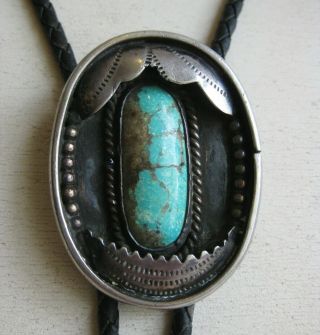 Vintage Native American Navajo Indian Sterling Silver Turquoise Bolo Tie