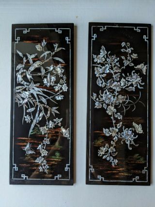 Vintage Pair Oriental Black Lacquer Abalone Shell Panels Pictures Tree Butterfly