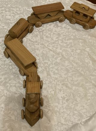 Vintage Handmade Solid Wood 5 Piece Train Set Handcrafted Wooden Train