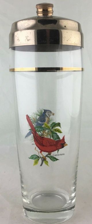 Vintage Cocktail Shaker Party Drink Mixer Glass Blue Jay Cardinal Bird Pattern