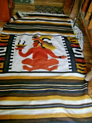 Vintage Hand Woven Wool Blanket Rug From 1960’s Aztec Warrior Tribal Native