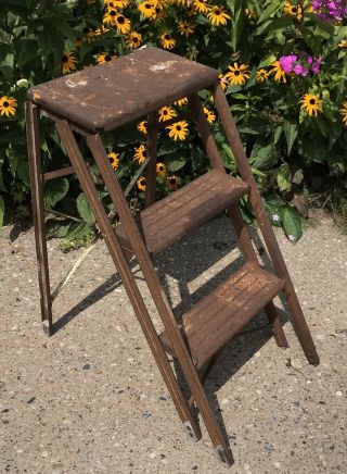 Vintage Metal 2 Step Folding Step Stool Ladder Rustic Chippy Paint Shabby Chic