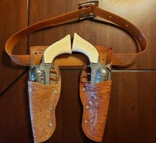 Vintage Pony Boy Cap Guns (2) With Double Holster Belt Toy
