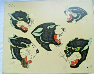 Vintage Tattoo Flash Art Richie Slamm Panther Sheet Old Hand Colored Graphics