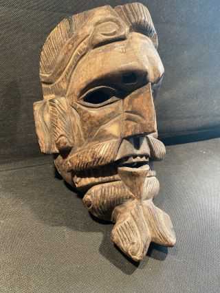Large Vintage Hand Carved Wood Bearded Man Dance Mask Halloween