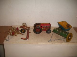 Vtg Marx Tin Litho Toy Farm Set Tractor & Mower - Rake - Corn Planter - Wagon
