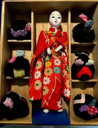 Vintage Japanese Geisha Kimono Doll With 6 Wigs Styles Teens To Kabuki Play