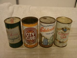 (4) 12 Oz.  Flat Top Beer Cans City Club - Country Club - Cheery Beery Edelweiss