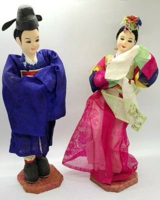 Set Of 2 Korean Dolls With Hand Painted Cloth Fabric Face 12 " Tall Vinage 1960 