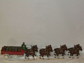 Vintage Cast Iron Old Beer Barrel Delivery Wagon Clydesdale Horses Drivers Dog