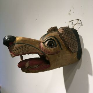 Large Vintage Mexican Folk Art Carved Wood Coyote Dog Wolf Mask