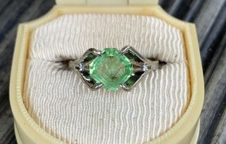 Vintage Sterling Silver Faceted Uranium Vaseline Green Glass Ring