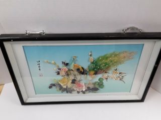 Vintage Chinese Carved Shell Art Mother Of Pearl 3D Shadow Box PEACOCKS 3