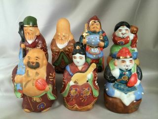 Vintage Set Of 7 Japanese Kutani Porcelain Figures Buddah Gods Moriage 3.  5 "
