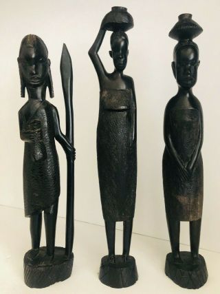 Vintage Set Of 3 African Hand Carved Figurine Statues From Kenya 13.  5 " Tall