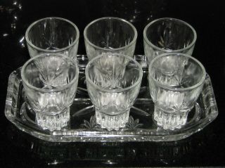6 X Vintage / Retro Clear Shot Glasses On A Pretty Glass Tray
