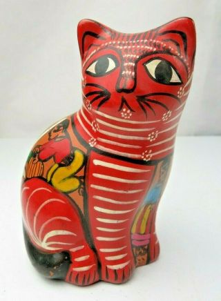 Vintage Mexican Pottery Talavera Red Cat Animal Figure Folk Art