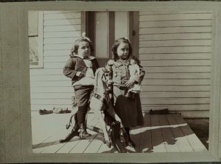 Cabinet Card Of Young Girl With Doll And Young Boy With Rocking Horse Ft Wayne