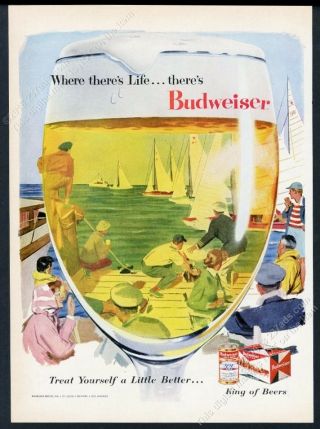 1956 Star Class Yacht Race Racing Art Budweiser Beer Vintage Print Ad