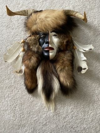 Native American Warrior Spirit Mask Horns Fur Feathers Wall Hanging Decor