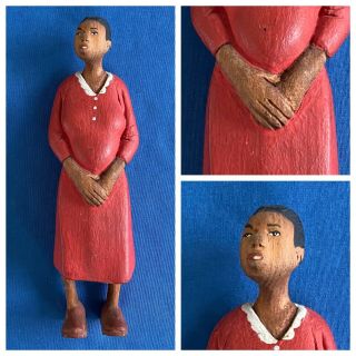 Vintage Black Americana Hand Carved Hand Painted Wood Doll Folk Art Woman Toy