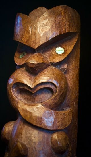 Vintage Maori Hei Tiki Figure Carved Hardwood Paua Shell Eyes Zealand