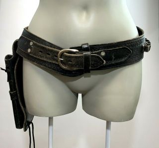 Vintage Adult Sz Small Mexico Hand Tooled Black Leather Cowboy Gun Holster Belt 2