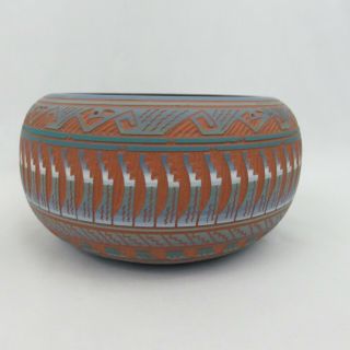 Dewayne Eskeets Etched Pottery Bowl Navajo Native American Blue And Terra Cotta
