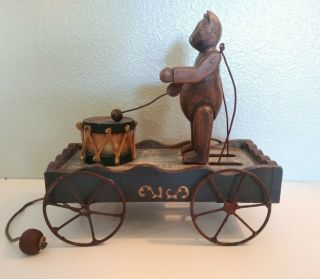 Vintage Bear Drumming Pull Toy Wood Metal Wagon