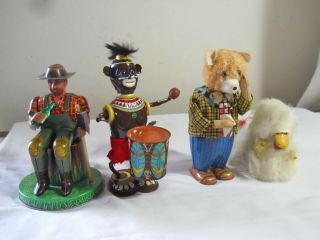 3 Wind Up Tin Lithograph Toys Man & Bear & African 1 Vintage Wind Up Fuzzy Duck