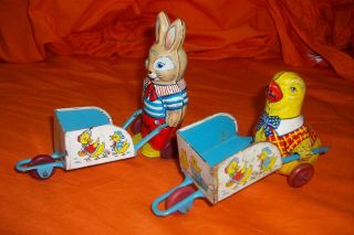 Vintage J.  Chein Tin Easter Rabbit And Chick With Wheelbarrows