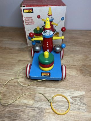 Vintage Brio Wooden Pull Toy Pingel Pelle Clown W/bell Sweden Box 31225