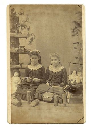 Wonderful 1870 Cabinet Card " Girls & Their Dolls & Toys "