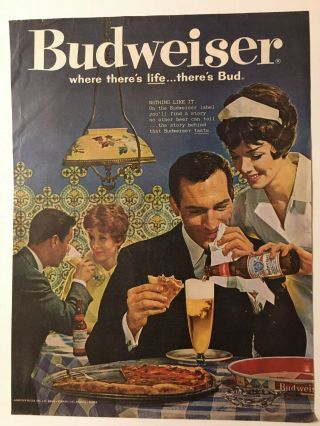 1961 Budweiser Anheuser Busch Beer Vintage Print Ad Tray Bottle Pizza Waitress