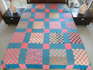 Outstanding Vintage Hand Pieced Feed Sack Checkerboard Quilt Top; Full